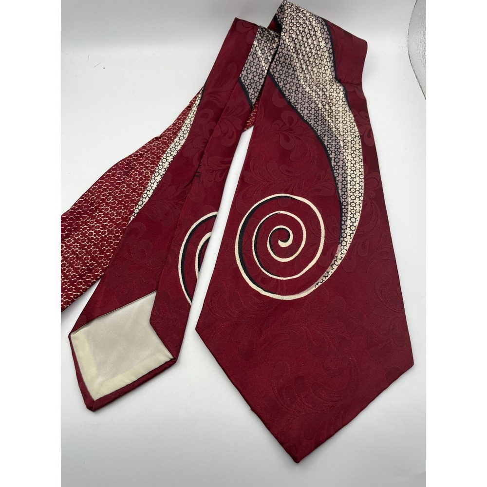 Haband Vintage Mens Tie Burgundy Red Damask Floral Spiral Graphic Wide 4 Inch